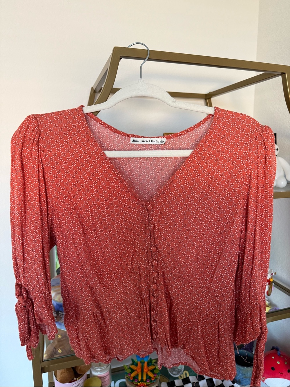 Abercrombie & Fitch Coral Red Floral-Print V-Neck Top